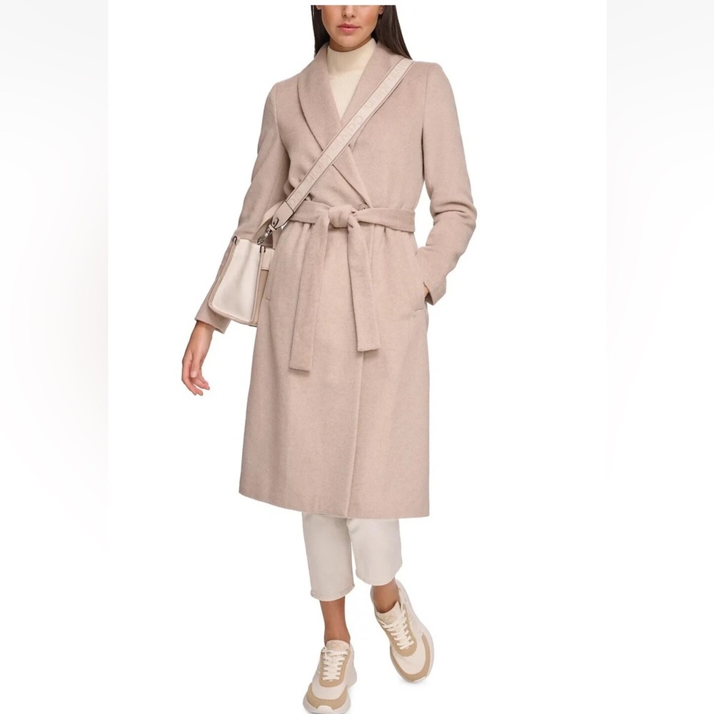 Calvin Klein Women's Tan Wool Blend Belted Wrap Coat Size XS